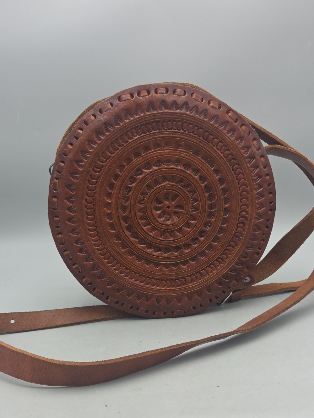 Hand Tooled Mexican Round Brown Leather Crossbody Boho Circular Purse Bag